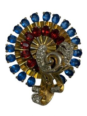 Vintage Mazer Dimensional Pinwheel Blue Red Icy Rhinestones Pin Brooch